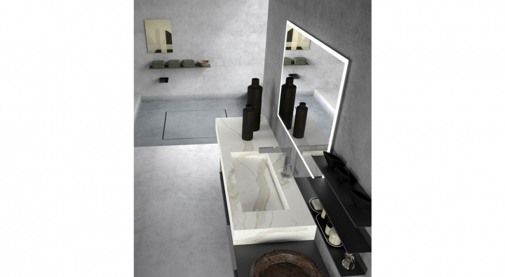Archeda - Essenze Comp_1 - Mobile Bagno. Top venato Calacatta con vasca integrata. A scelta molte altre composizioni e finiture.