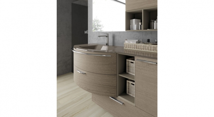 Archeda - Essenze Comp_13 - Mobile Bagno. Base lavabo sospesa curva, top in vetro con vasca integrata.
