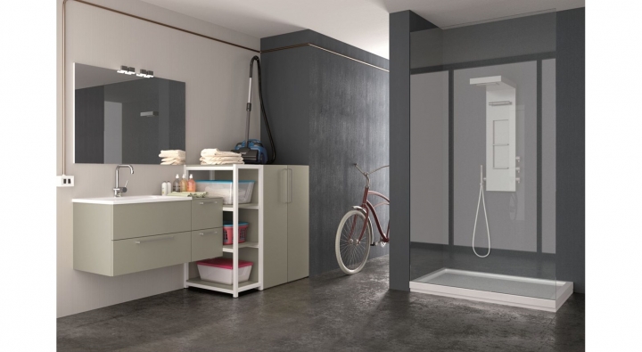 Archeda - Comp_8 - Mobile Lavanderia. Composizione lavabo sospesa e semicolonna porta lavatrice a terra.